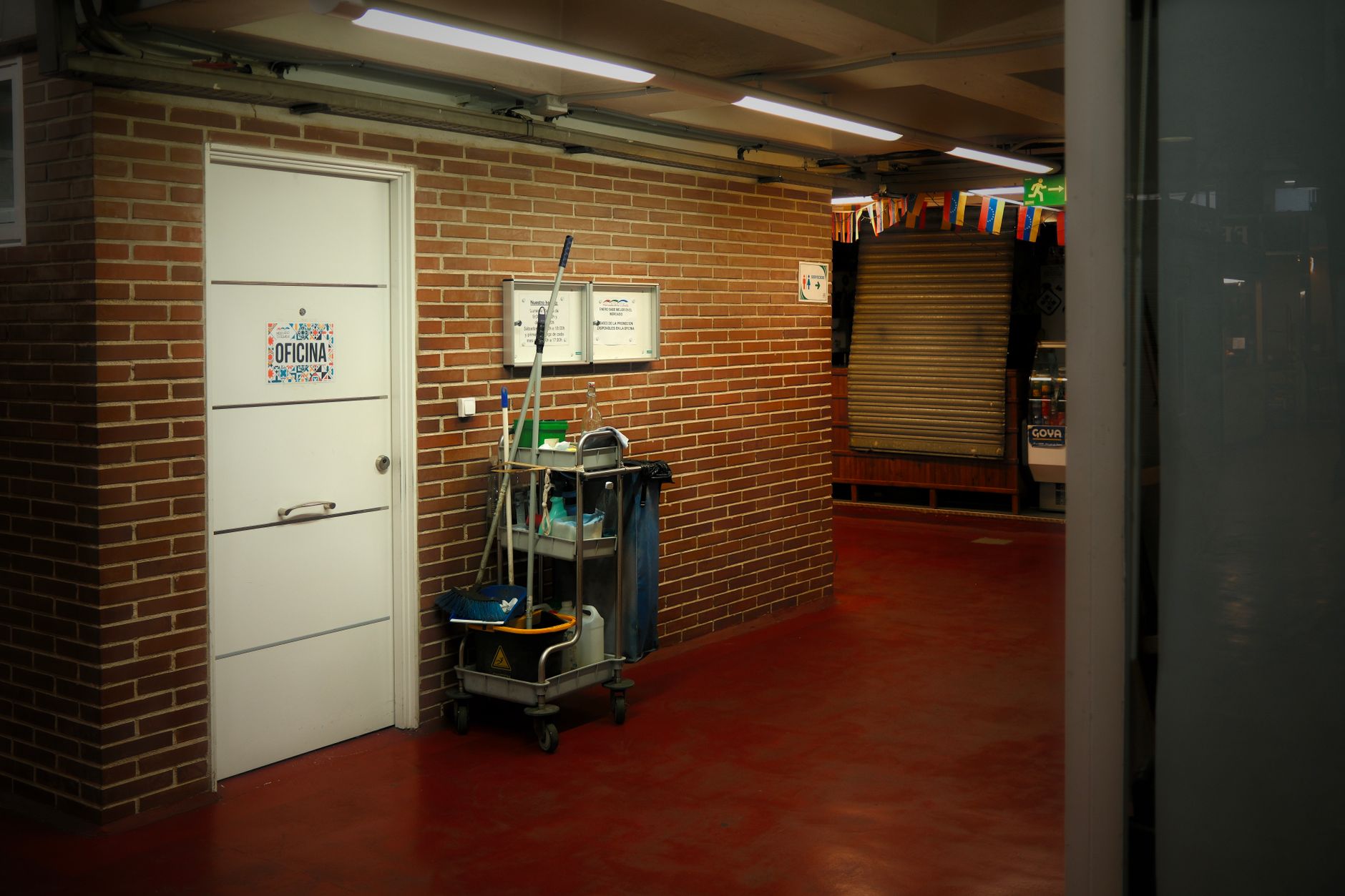 Cleaner mopping an office floor in the evening for a commercial cleaning business